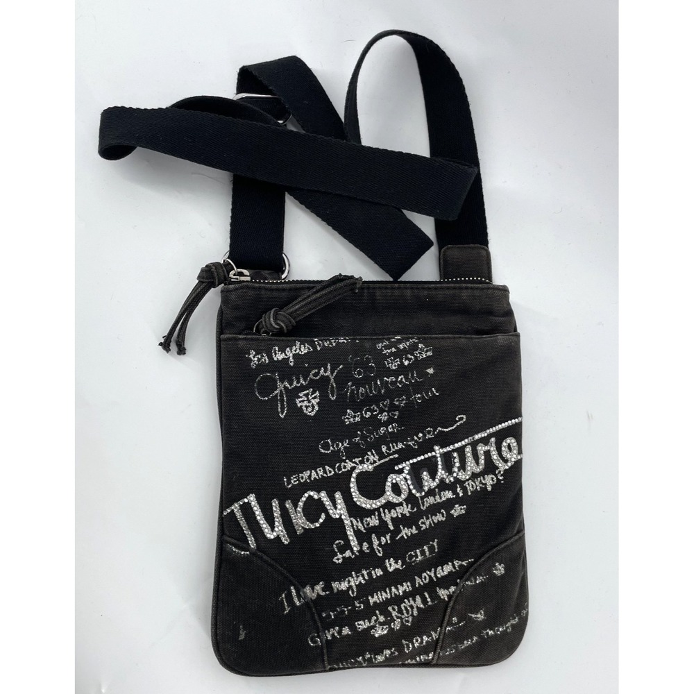 Vintage Y2K Juicy Couture Crossbody Purse Bag Graffiti Black Denim 2000s Glitter